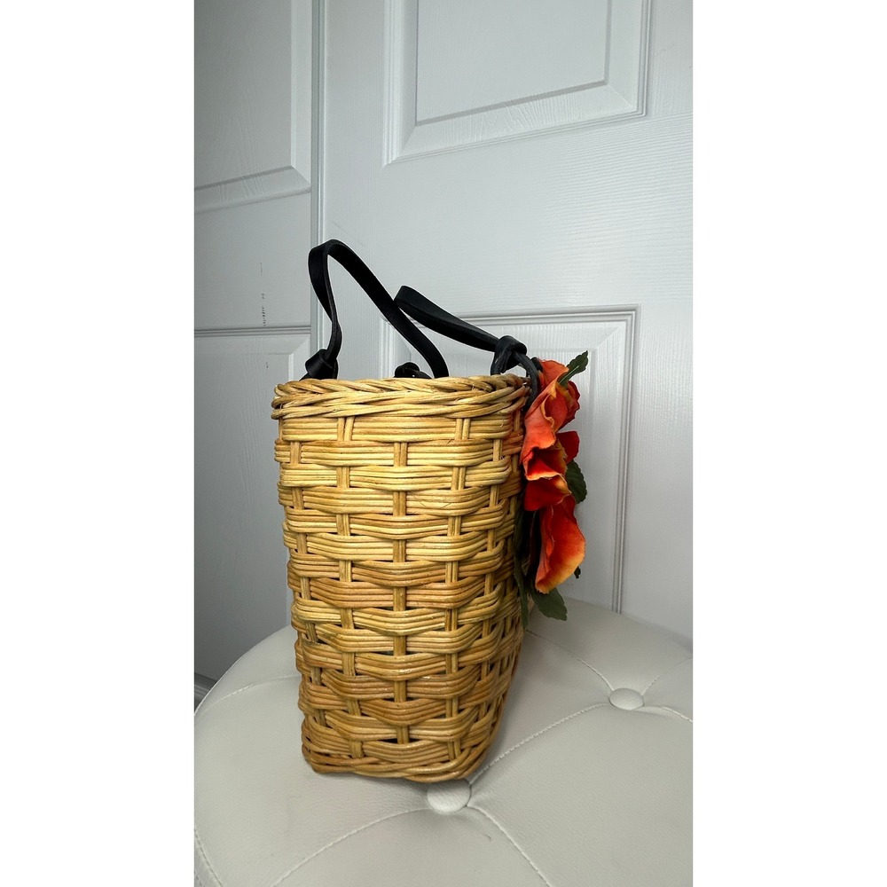 Kate Spade Rare Novelty Wicker Basket Tote Orange Pansy Floral Picnic Bag - Picture 4 of 12